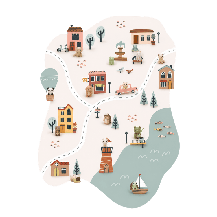 Illustration of a tiny SmileFriendsie town map with little traveler characters